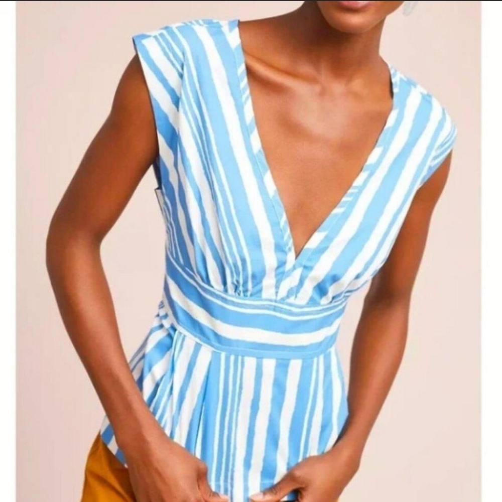 Tracy Reese X Anthropologie Blue and White Striped V-Neck Sleeveless Top